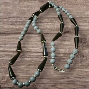 Vintage Signed Napier Long Necklace Black & Gray Lucite Beads with Silvertone